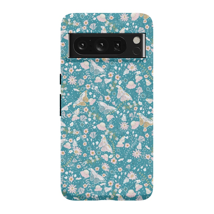 Pixel 8 Pro StrongFit Delicate Daisies and Butterflies half-drop repeat pattern on Blue by Paula Ohreen