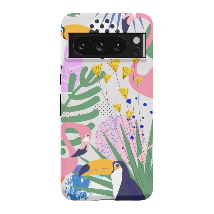 Pixel 8 Pro StrongFit Tropical Spring | Pastel Quirky Modern Bohemian Jungle Botanical | Flamingo Palm Cockatoo Birds by Uma Prabhakar Gokhale