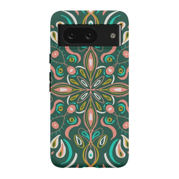 Pixel 8 StrongFit Bold Boho Mandala in Green Coral and Gold by ECMazur 