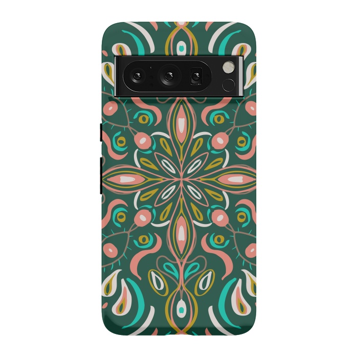 Pixel 8 Pro StrongFit Bold Boho Mandala in Green Coral and Gold by ECMazur 