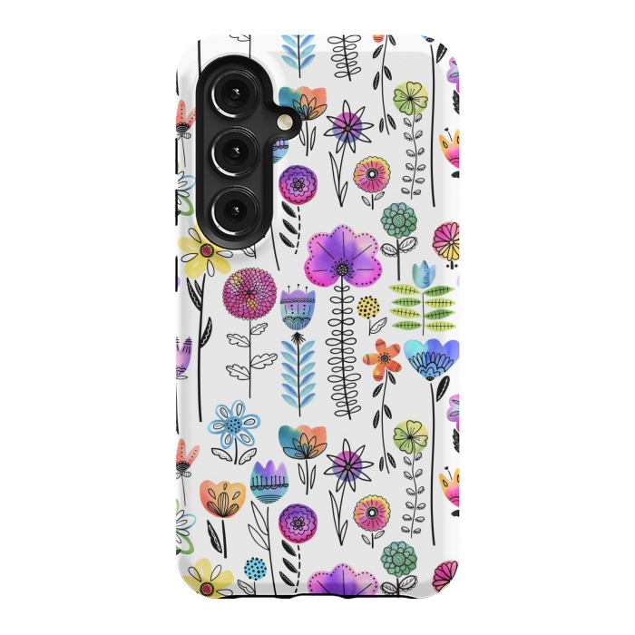 Galaxy S24 StrongFit Bright Watercolor and Line Art Flowers by Noonday Design