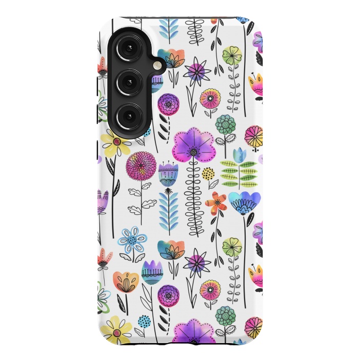 Galaxy S24 Plus StrongFit Bright Watercolor and Line Art Flowers by Noonday Design