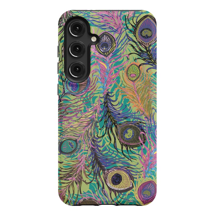 Galaxy S24 Plus StrongFit Peacock Feathers in Lime Green & Pink by Lotti Brown