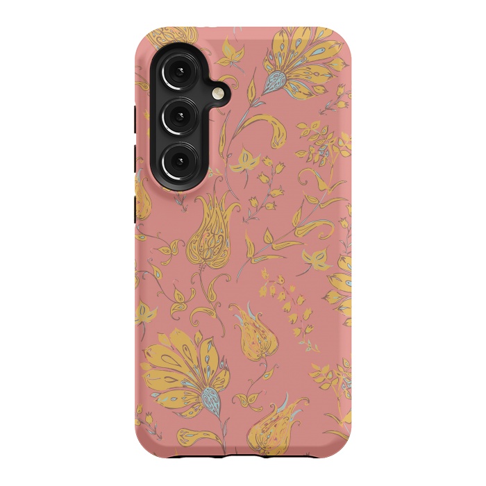 Galaxy S24 StrongFit Paradise Floral - Coral & Yellow by Lotti Brown