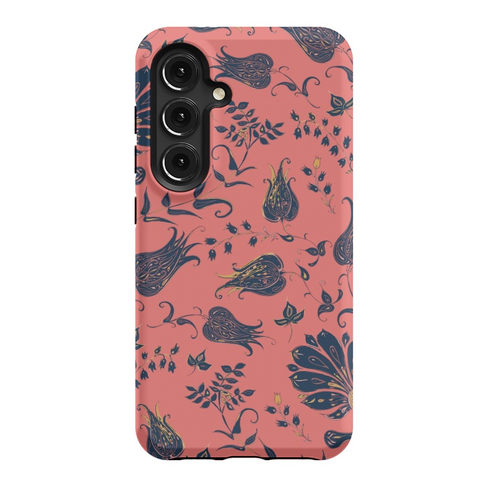 Galaxy S24 StrongFit Paradise Florals - Coral & Blue by Lotti Brown