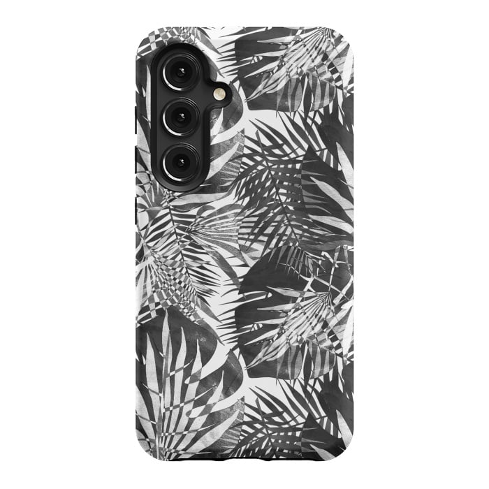 Galaxy S24 StrongFit Black and white tropical leaves illusion by Oana 