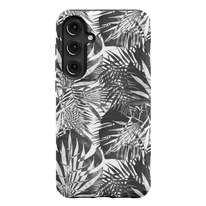 Galaxy S24 Plus StrongFit Black and white tropical leaves illusion by Oana 