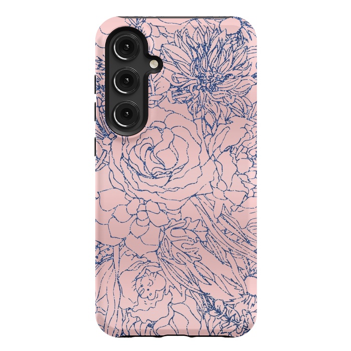 Galaxy S24 Plus StrongFit Stylish Metallic Navy Blue and Pink Floral Design by InovArts