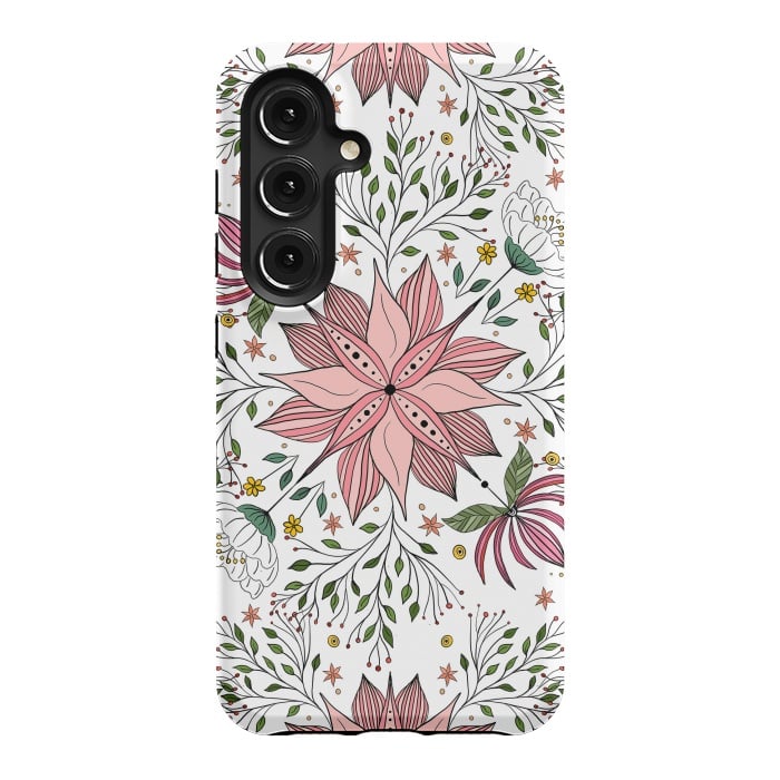 Galaxy S24 StrongFit Cute Vintage Pink Floral Doodles Tile Art by InovArts