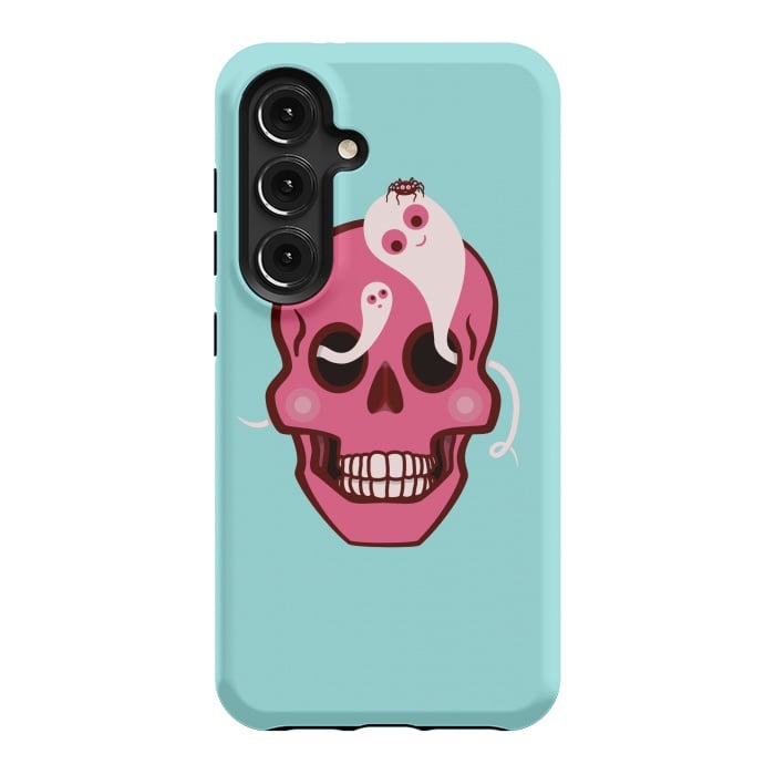 Galaxy S24 StrongFit Cute Pink Skull With Spider And Ghosts In Eyes by Boriana Giormova