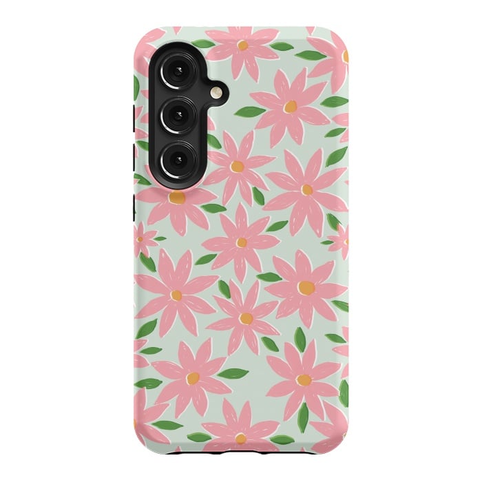 Galaxy S24 StrongFit Pretty Hand Paint Pink Daisy Flowers Mint Design by InovArts