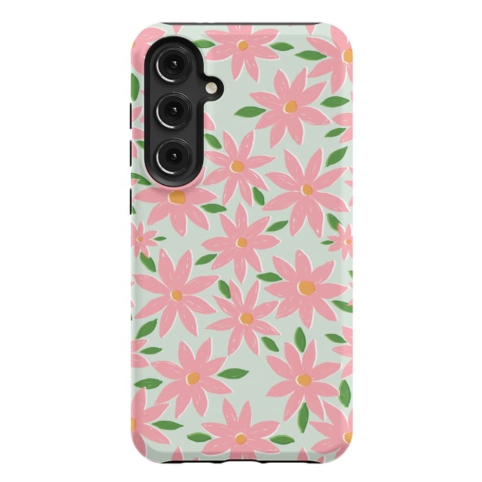 Galaxy S24 Plus StrongFit Pretty Hand Paint Pink Daisy Flowers Mint Design by InovArts