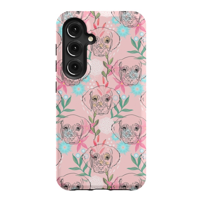 Galaxy S24 StrongFit Cute Puppy Dog and Flowers Pink Creative Art by InovArts