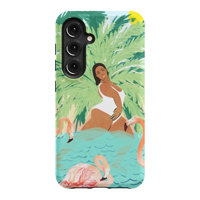 Galaxy S24 StrongFit Tropical Summer Water Yoga with Palm & Flamingos | Woman of Color Black Woman Body Positivity by Uma Prabhakar Gokhale
