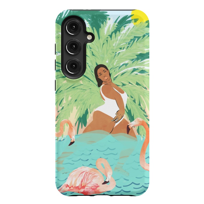 Galaxy S24 Plus StrongFit Tropical Summer Water Yoga with Palm & Flamingos | Woman of Color Black Woman Body Positivity by Uma Prabhakar Gokhale