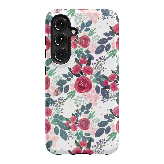 Galaxy S24 StrongFit Cute Rose Pink Peonies Watercolor Paint Gold Dots Design by InovArts