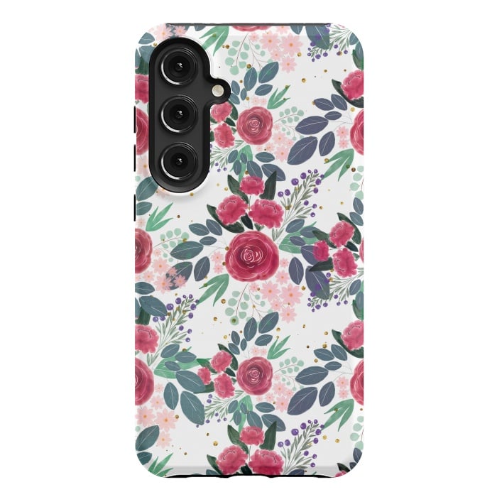 Galaxy S24 Plus StrongFit Cute Rose Pink Peonies Watercolor Paint Gold Dots Design by InovArts