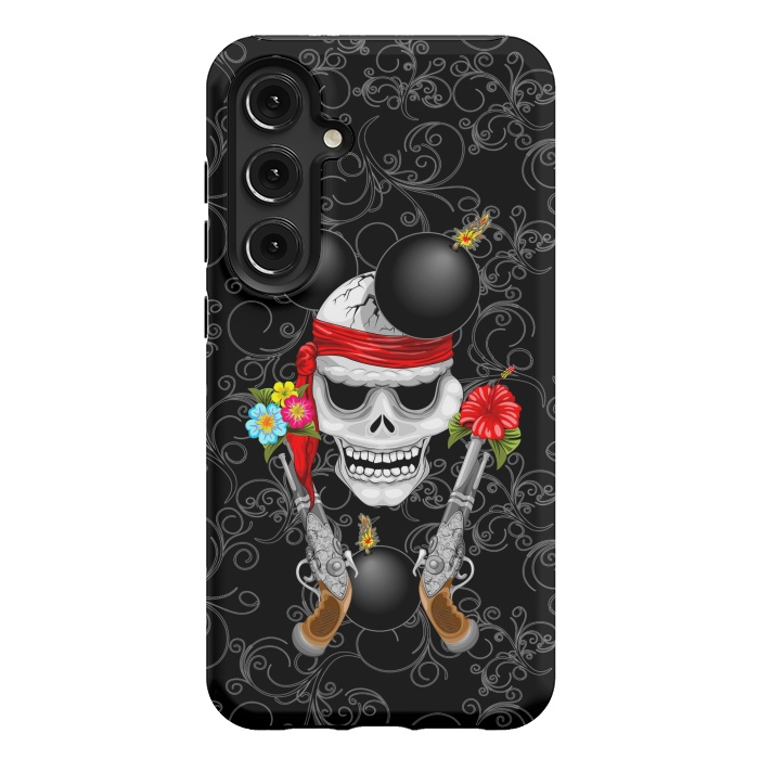 Galaxy S24 Plus StrongFit Pirate Skull, Ancient Guns, Flowers and Cannonballs by BluedarkArt