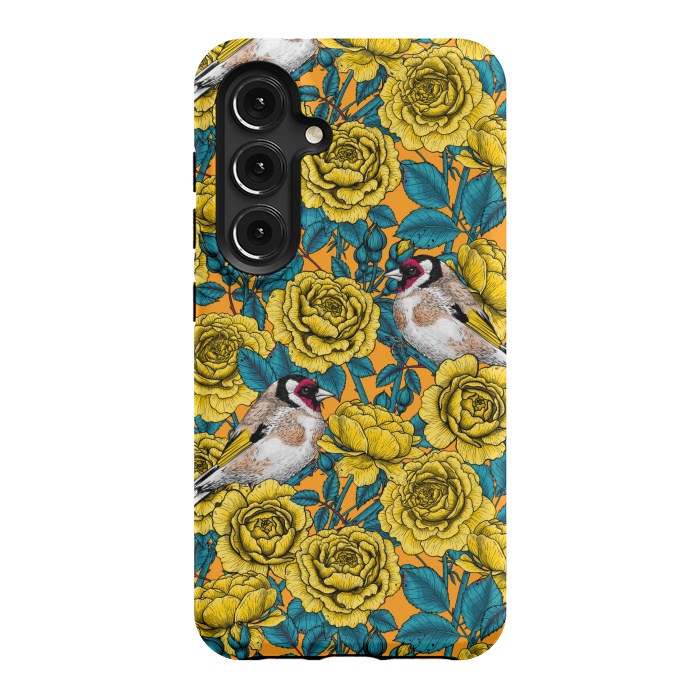 Galaxy S24 StrongFit Rose flowers and goldfinch birds by Katerina Kirilova