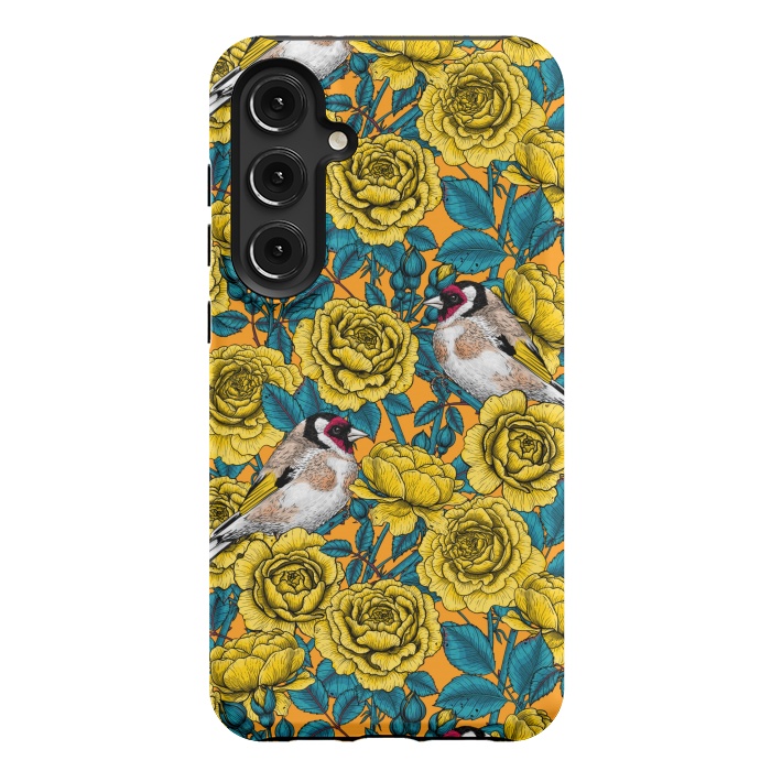Galaxy S24 Plus StrongFit Rose flowers and goldfinch birds by Katerina Kirilova