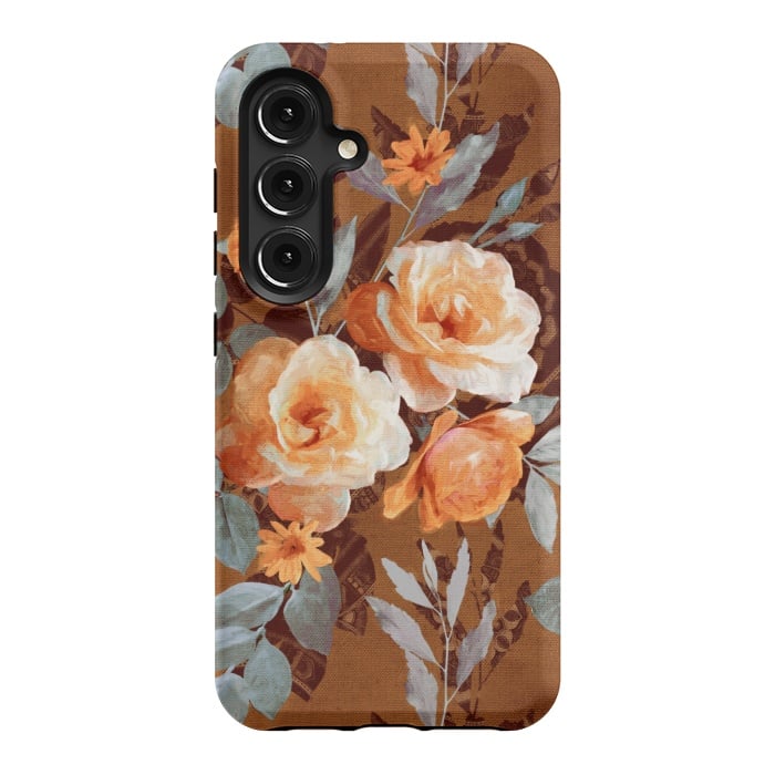 Galaxy S24 StrongFit Chintz Roses on Rust Brown by Micklyn Le Feuvre