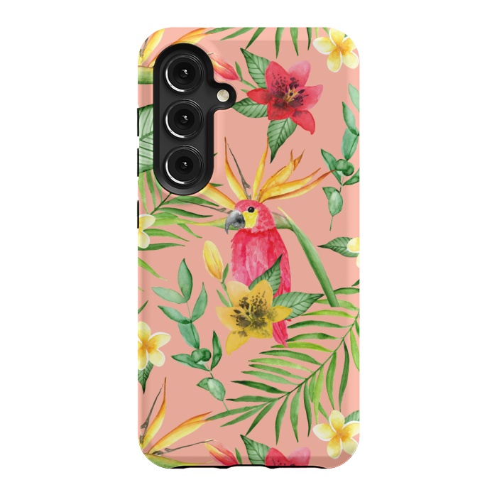 Galaxy S24 StrongFit Red parrot and tropical leaves by Julia Badeeva