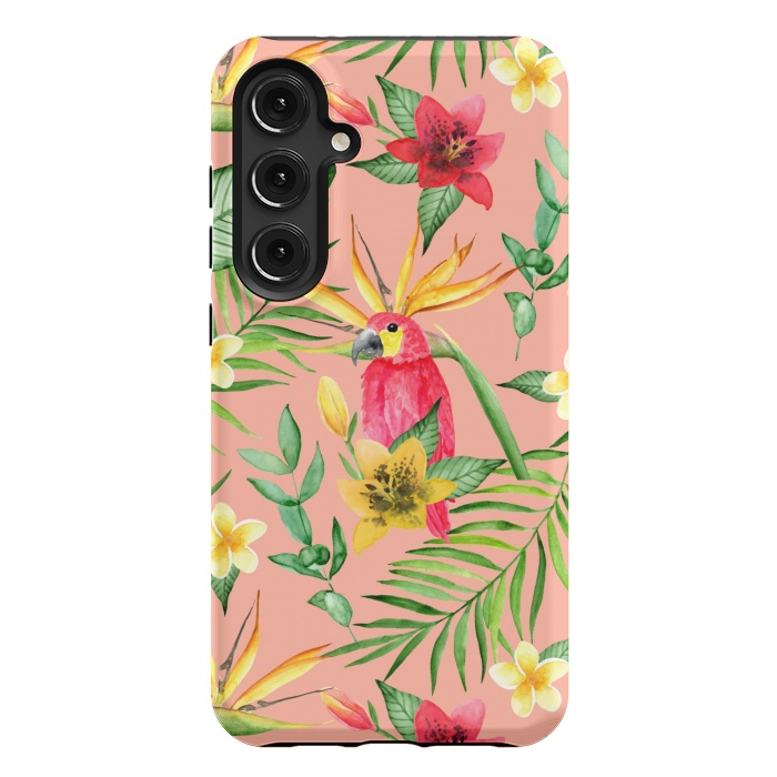 Galaxy S24 Plus StrongFit Red parrot and tropical leaves by Julia Badeeva