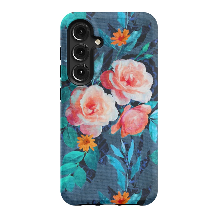 Galaxy S24 StrongFit Retro Rose Chintz in Radiant Coral on Blue by Micklyn Le Feuvre