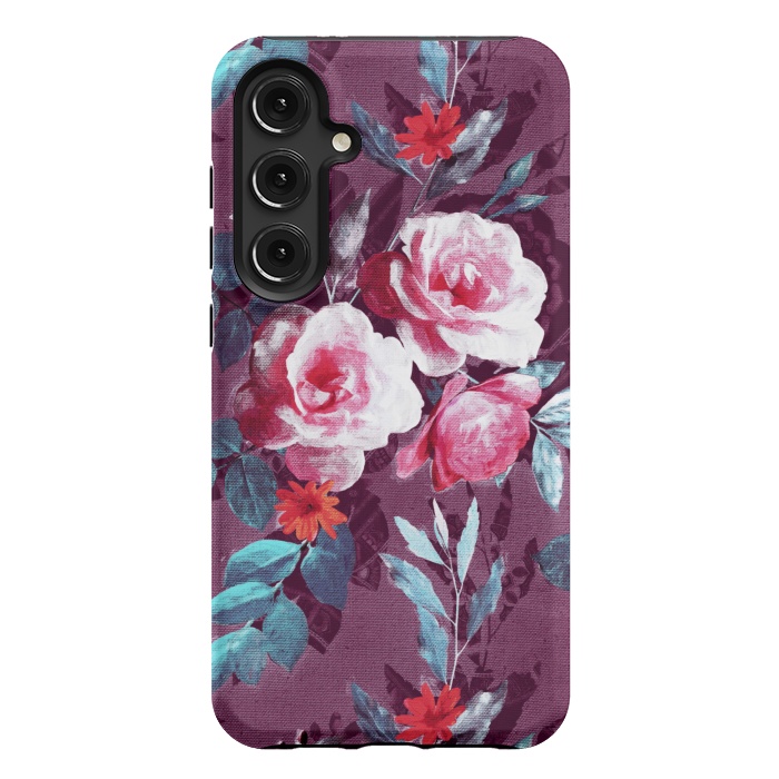 Galaxy S24 Plus StrongFit Retro Rose Chintz in Magenta and Plum by Micklyn Le Feuvre