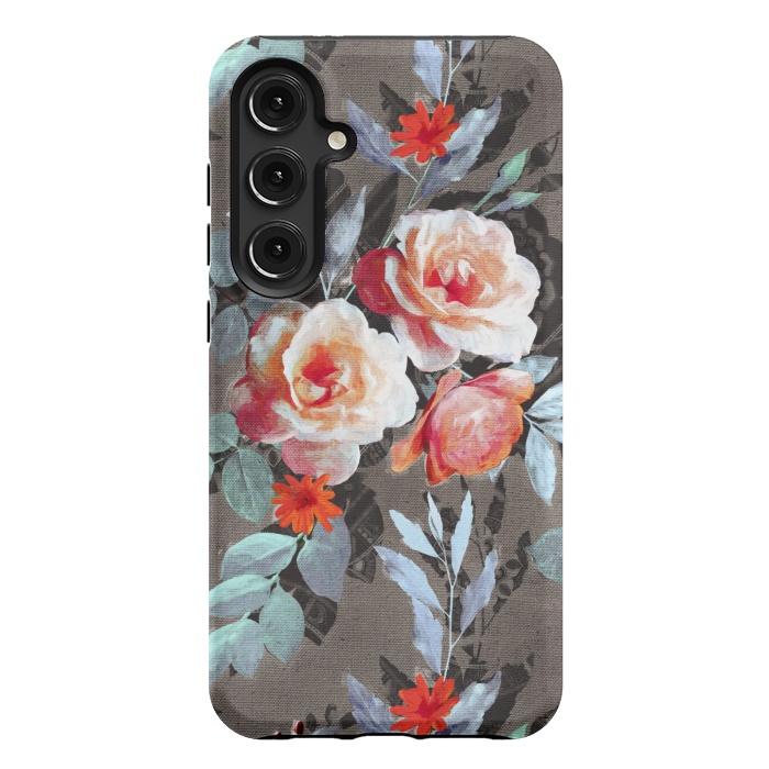 Galaxy S24 Plus StrongFit Retro Rose Chintz in Scarlet, Peach, Sage and Grey by Micklyn Le Feuvre