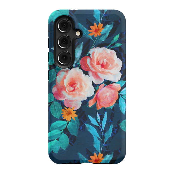 Galaxy S24 StrongFit Retro Rose Chintz in Bright Coral and Peach on Indigo Blue by Micklyn Le Feuvre