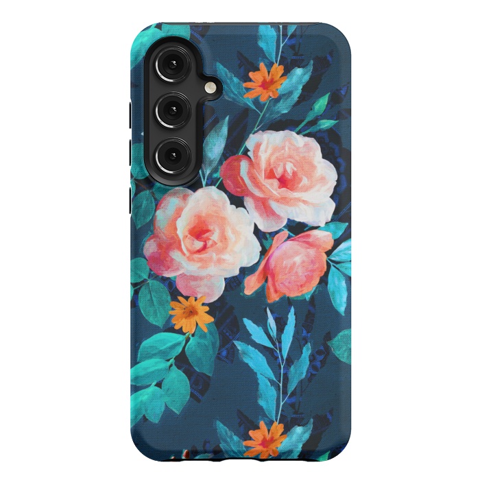 Galaxy S24 Plus StrongFit Retro Rose Chintz in Bright Coral and Peach on Indigo Blue by Micklyn Le Feuvre