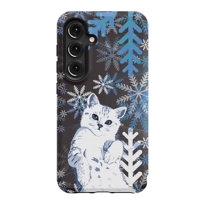Galaxy S24 StrongFit Cute kitty with blue metallic snowflakes by Oana 