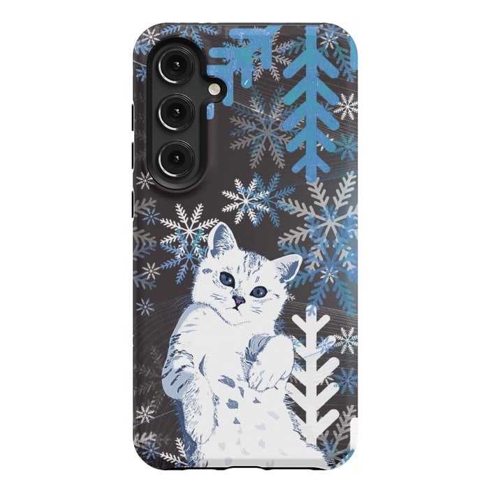 Galaxy S24 Plus StrongFit Cute kitty with blue metallic snowflakes by Oana 