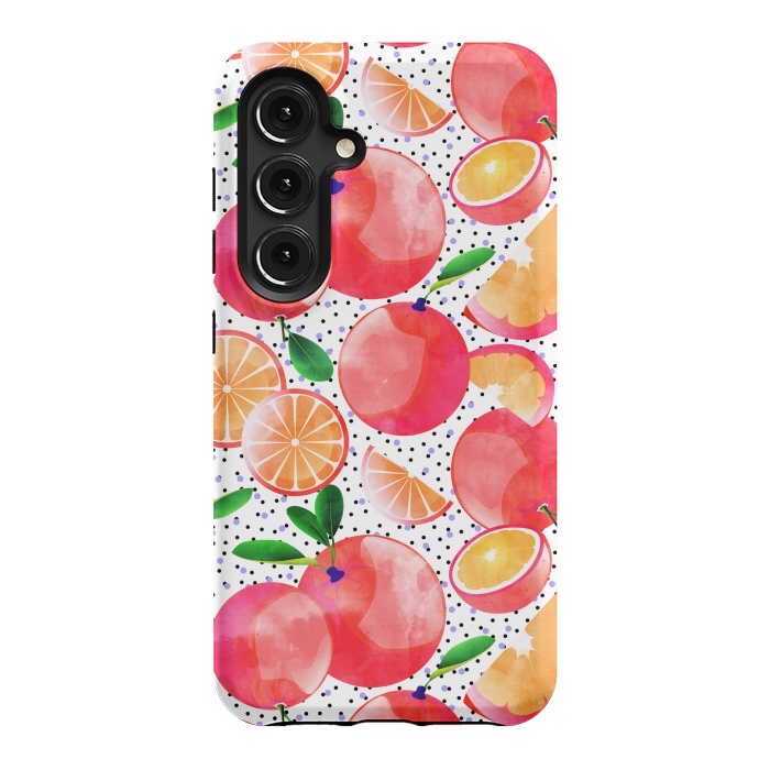 Galaxy S24 StrongFit Citrus Tropical | Juicy Fruits Polka Dots | Food Orange Grapefruit Pink Watercolor Botanica by Uma Prabhakar Gokhale