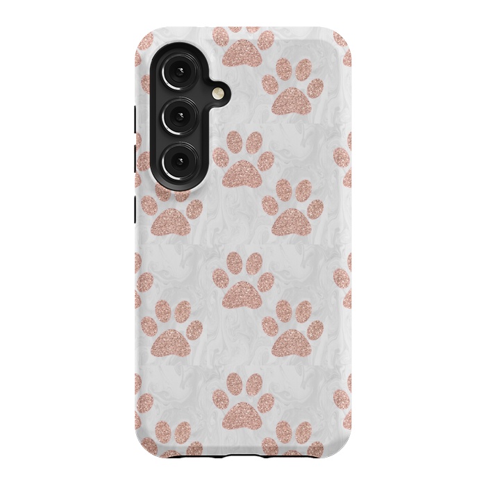 Galaxy S24 StrongFit Rose Gold Paw Prints on Marble by Julie Erin Designs