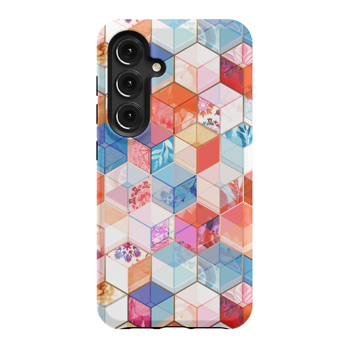 Galaxy S24 StrongFit Coral, Cream and Cobalt Kaleidoscope Cubes by Micklyn Le Feuvre