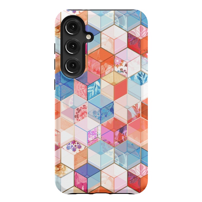 Galaxy S24 Plus StrongFit Coral, Cream and Cobalt Kaleidoscope Cubes by Micklyn Le Feuvre