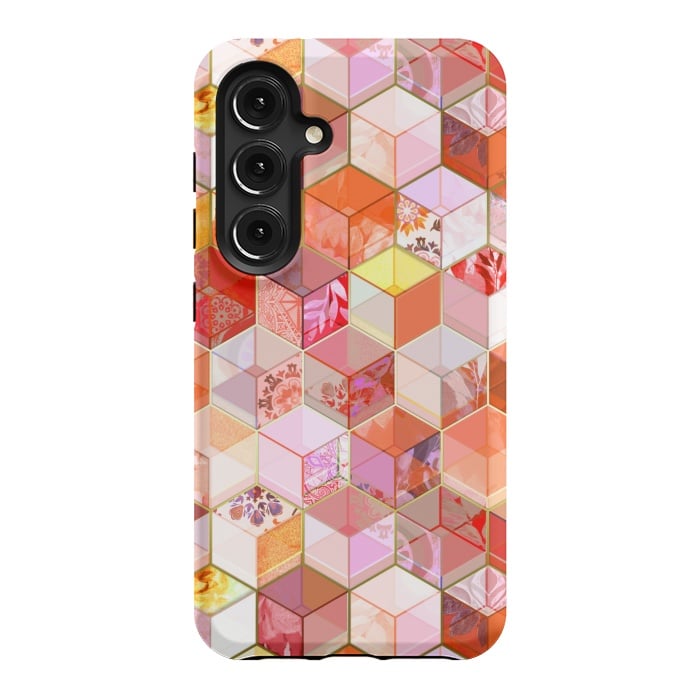 Galaxy S24 StrongFit Gold and Garnet Kaleidoscope Cubes by Micklyn Le Feuvre