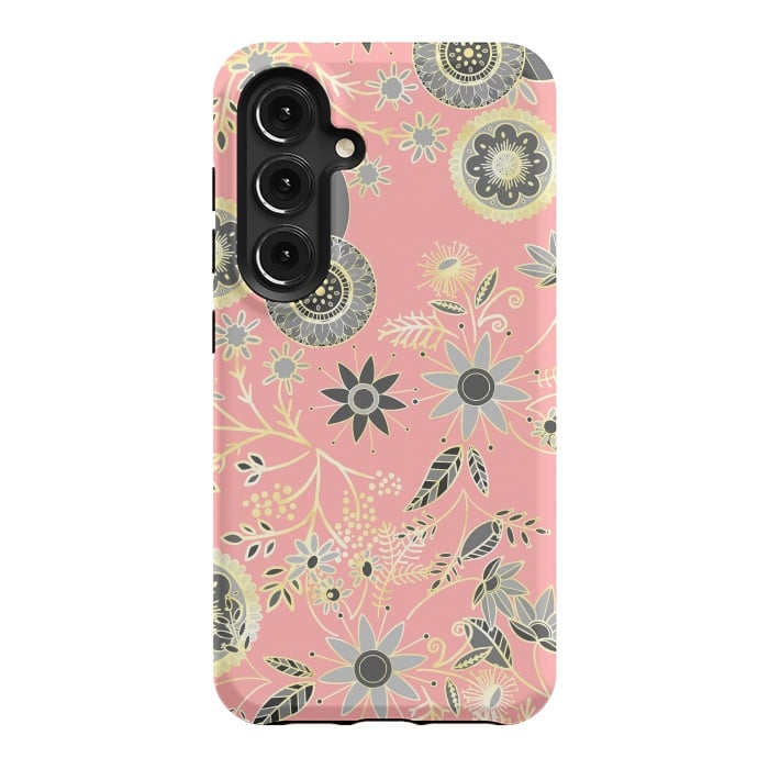 Galaxy S24 StrongFit Elegant Gray and Pink Folk Floral Golden Design by InovArts
