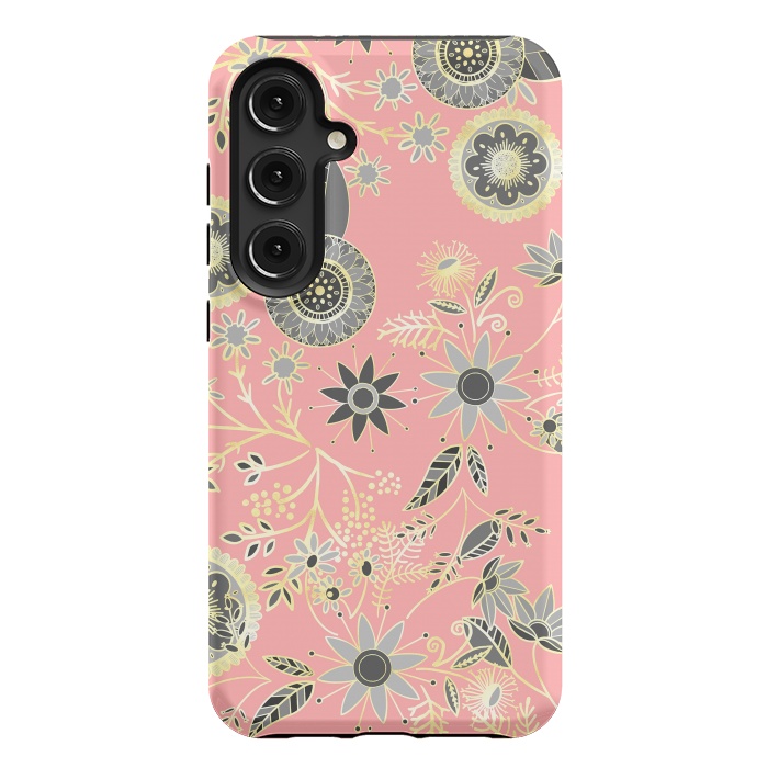 Galaxy S24 Plus StrongFit Elegant Gray and Pink Folk Floral Golden Design by InovArts