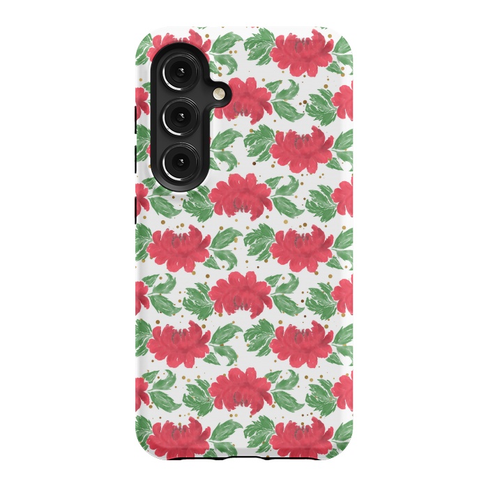 Galaxy S24 StrongFit Watercolor Winter Red Flowers Gold Dots Artwork by InovArts