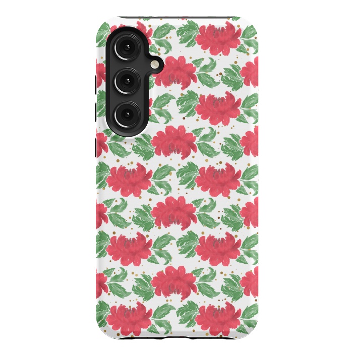 Galaxy S24 Plus StrongFit Watercolor Winter Red Flowers Gold Dots Artwork by InovArts