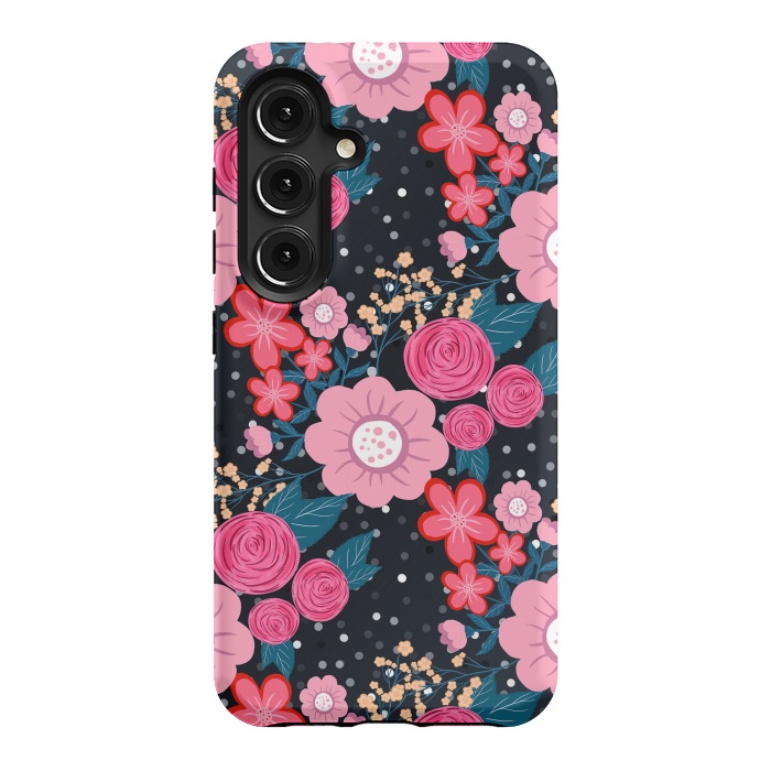Galaxy S24 StrongFit Pretty girly pink Floral Silver Dots Gray design by InovArts