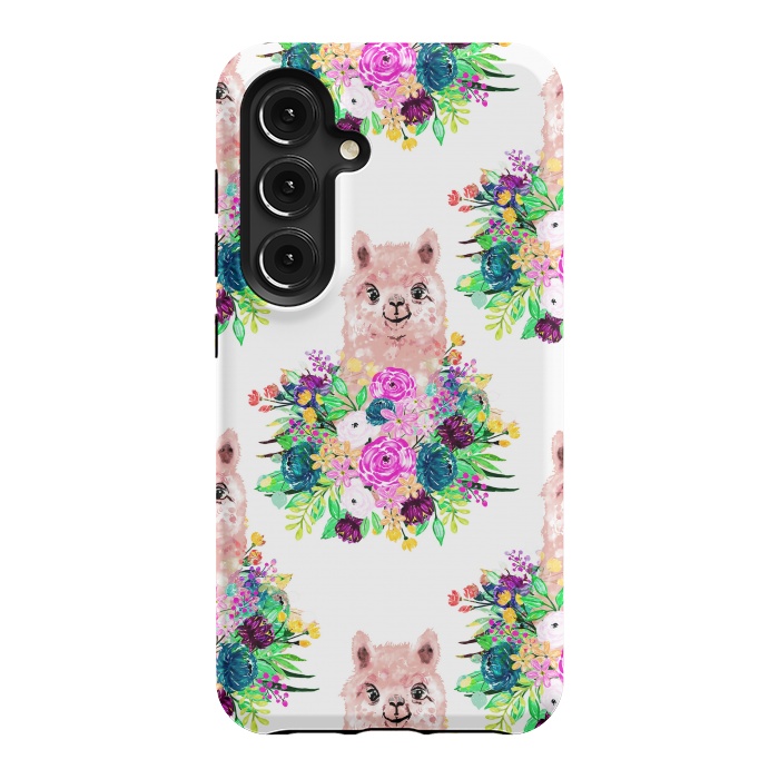Galaxy S24 StrongFit Cute Pink Alpaca and Flowers Watercolor paint by InovArts
