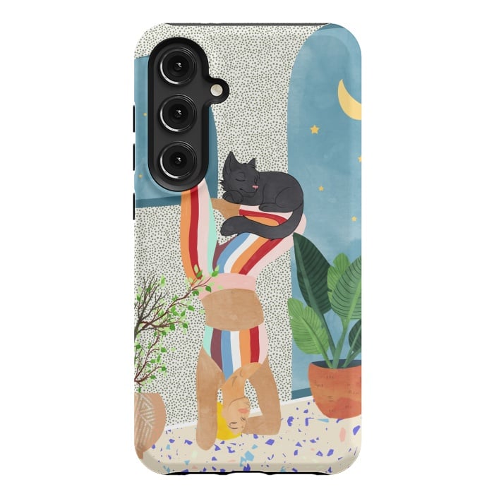 Galaxy S24 Plus StrongFit Headstand, Cat Yoga, Active Woman Workout, Eclectic Colorful Pets Terrazzo by Uma Prabhakar Gokhale