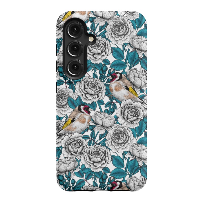 Galaxy S24 StrongFit White rose flowers and goldfinch birds by Katerina Kirilova