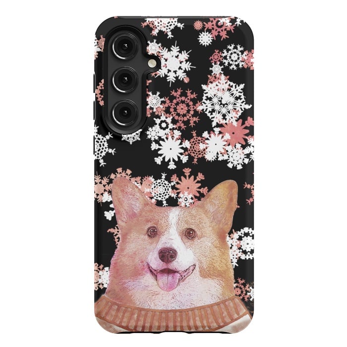 Galaxy S24 Plus StrongFit Cute corgi and white rose gold snowflakes by Oana 