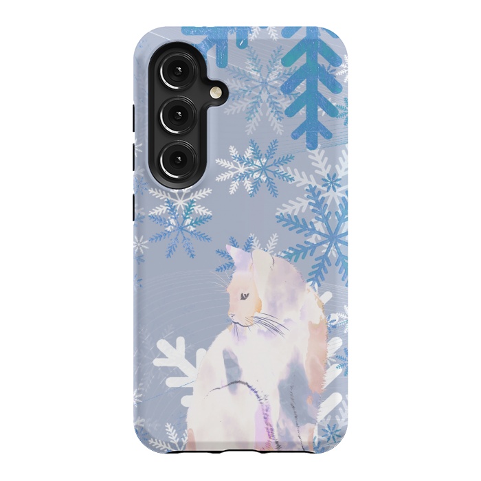 Galaxy S24 StrongFit Cat and metallic blue snowflakes watercolor illustration by Oana 
