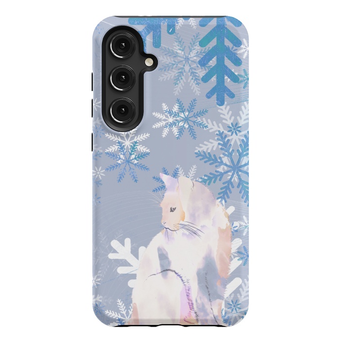 Galaxy S24 Plus StrongFit Cat and metallic blue snowflakes watercolor illustration by Oana 